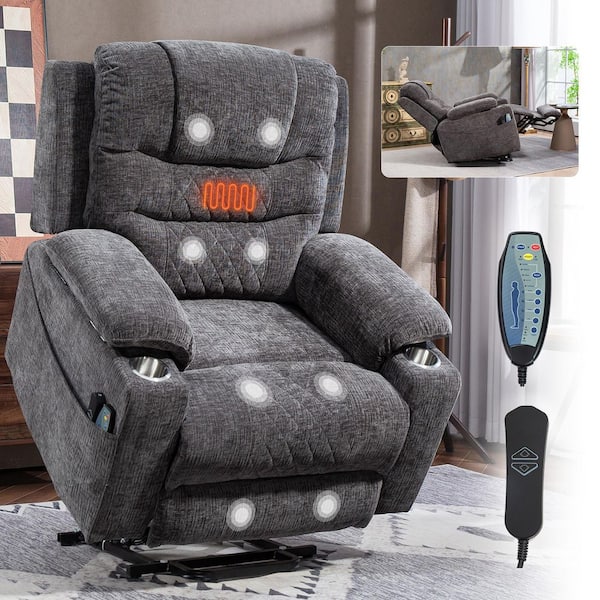 Grey Extended Footrest and Extra Wide Comfort Chenille Power Lift Recliner with Armrest Storage, Massage&Heating