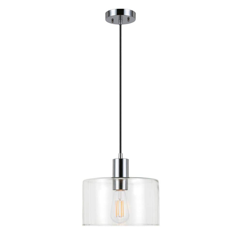 Contemporary Polished Nickel Drum Pendant with Hand-Blown Glass Shade