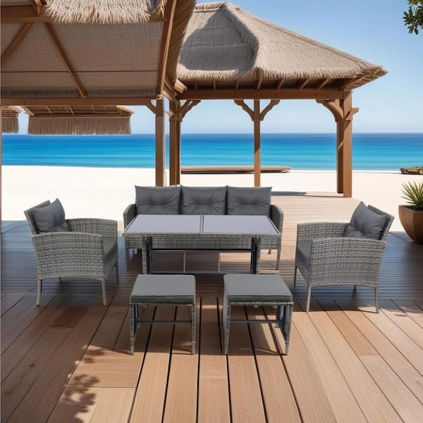 Zeus & Ruta 6-Piece Gray Wicker Outdoor Patio Conversation Seating Set with Dark Gray Cushions, Coffee Table and Stool