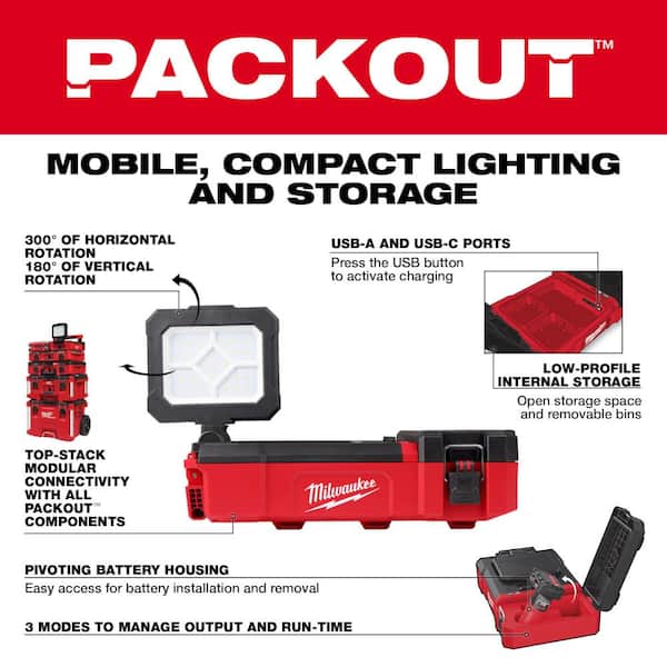 Milwaukee - M12 12V Lithium-Ion Cordless PACKOUT Flood Light w/USB Charging and M12 XC 4.0 Ah Battery Pack