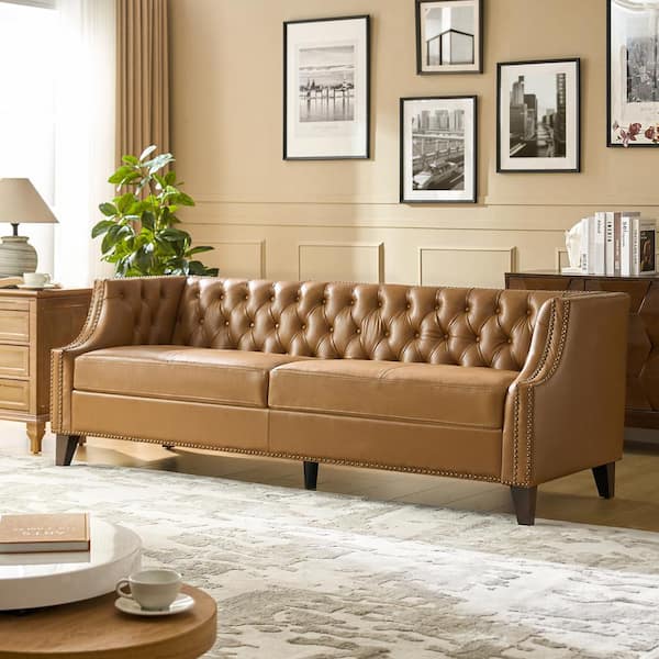 Ingvar Transitional 84 in. Straight Arm Leather Rectangle Sofa in Camel