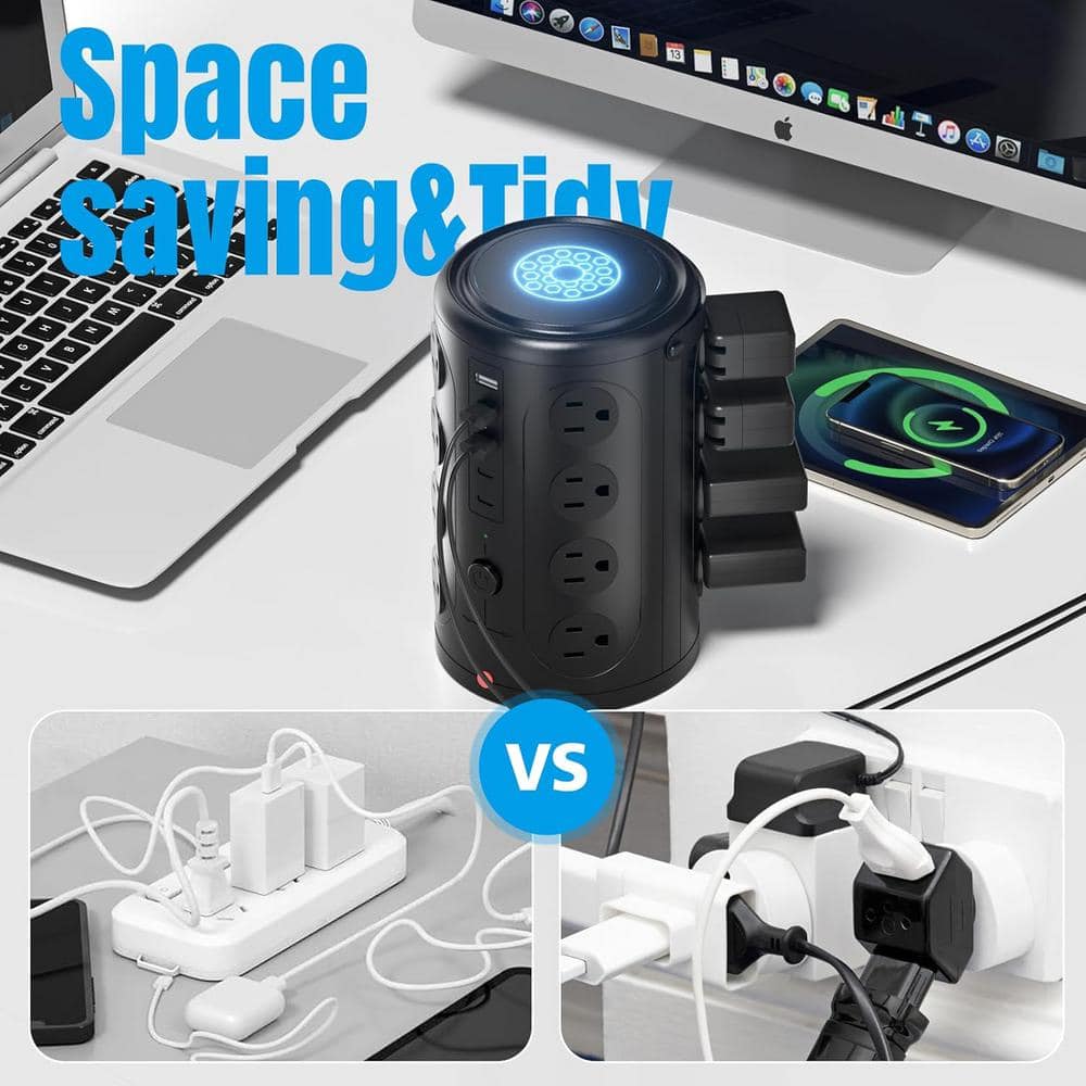 Black Heavy Duty Tower Power Strip with 16 Outlets and 5 USB Ports