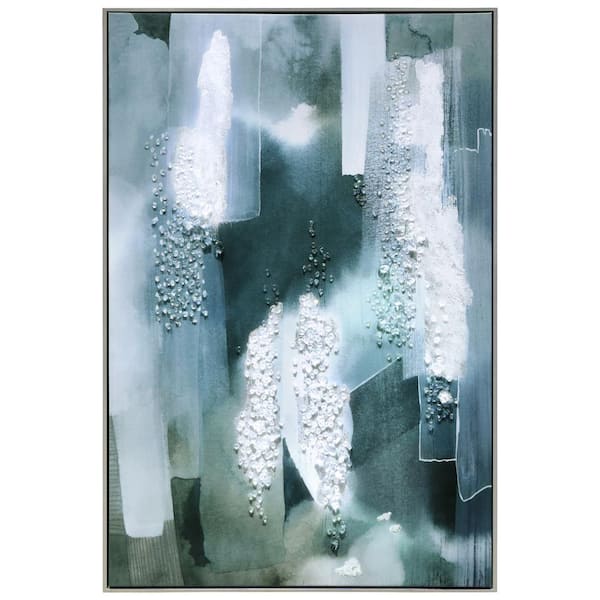 Silver Mist I Crystallus Epoxy Coated Wrapped Framed Glossy Canvas Wall Art Heavy Acrylic Crystal Shards 32 in x 48 in.