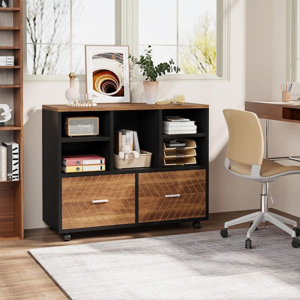 Atencio 2-Drawer Brown and Black Engineered Wood 39.37 in. W Lateral File Cabinet for Legal/Letter/A4 Size