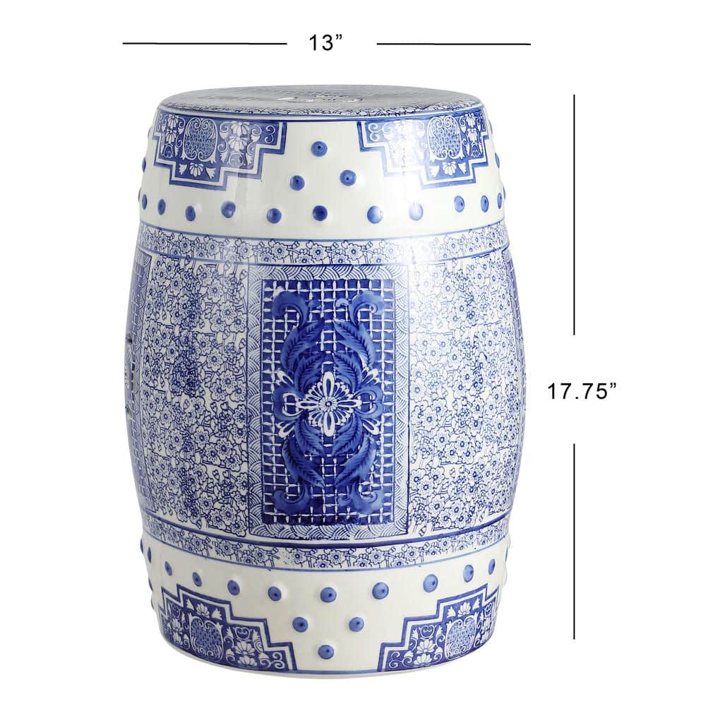 Chinoiserie Blue & White Acanthus Ceramic Garden Stool 17"x23"