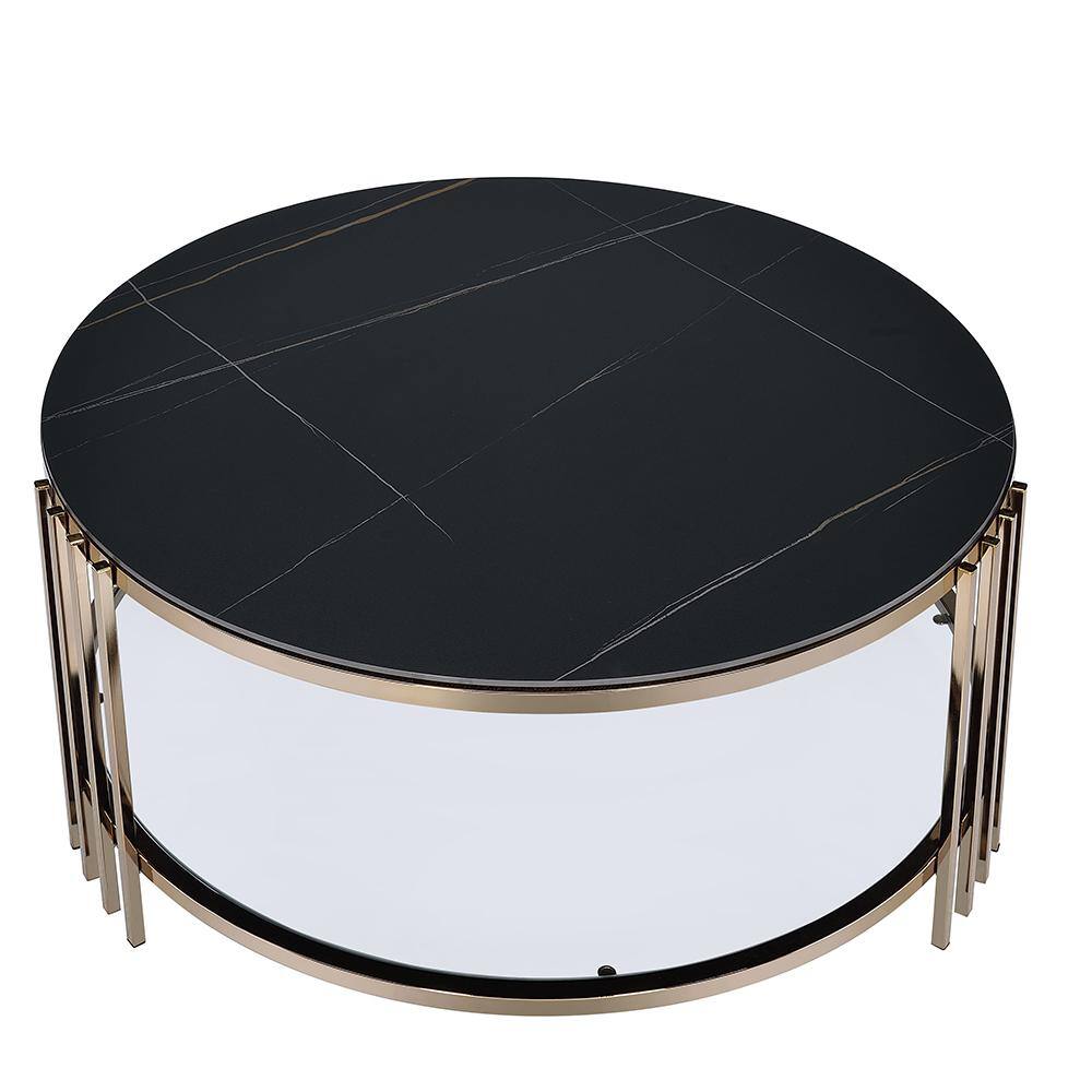 Round Black Sintered Stone and Glass Coffee Table with Champagne Finish