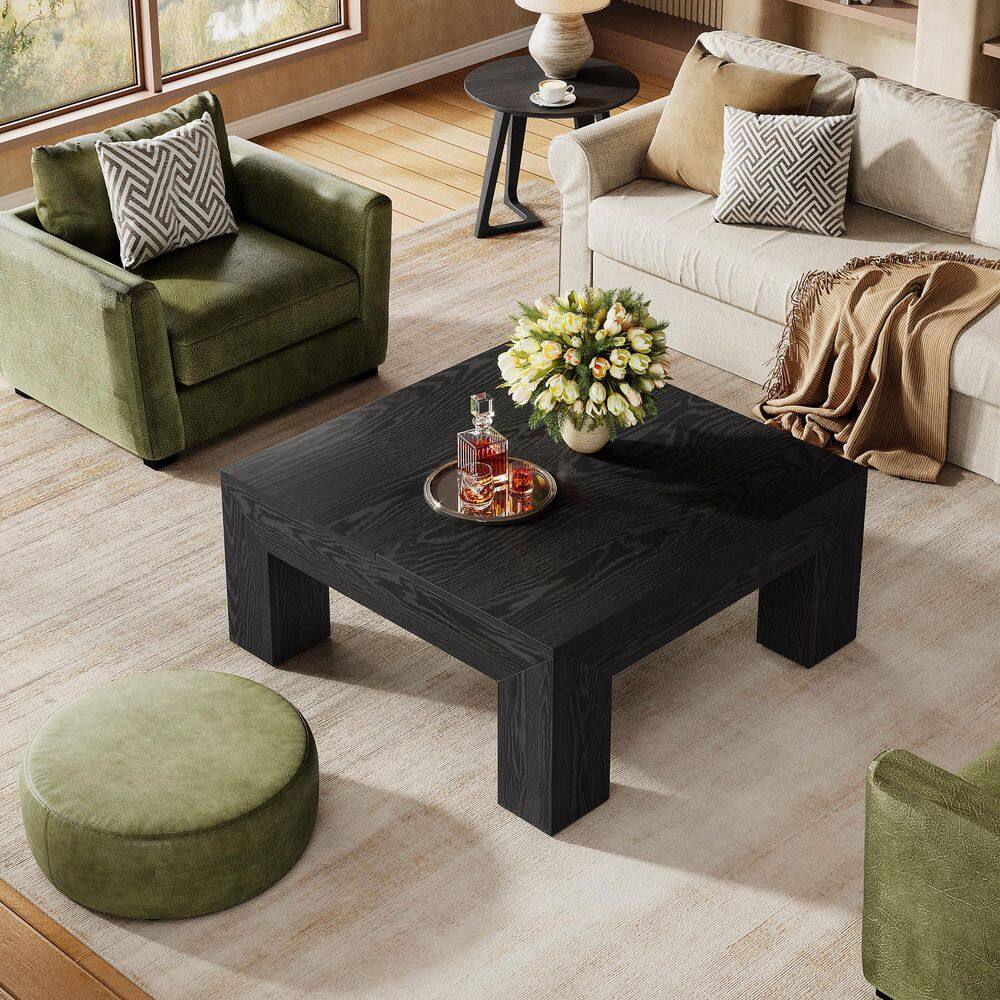 Allan 39.4 in. Black Square Wood Coffee Table with Sturdy Wooden Legs