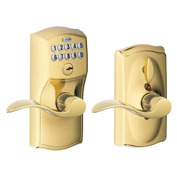 Schlage Camelot Bright Brass Electronic Keypad Door Lock with Accent Handle and Flex Lock