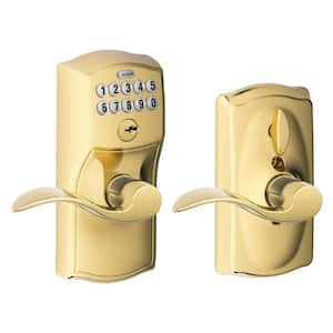 Camelot Bright Brass Electronic Door Lock with Accent Door Lever Featuring Flex Lock
