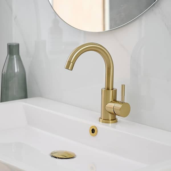 Single Hole Single-Handle Mid Arc Bathroom Faucet With Swivel Spout in Brushed Gold