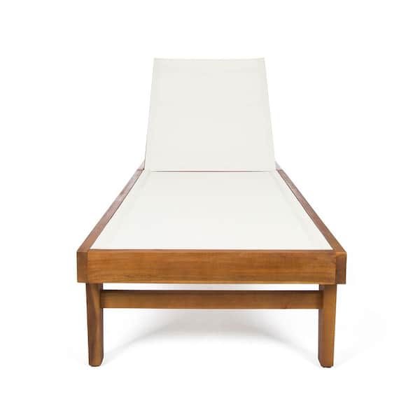 Unbranded Acacia Wood Outdoor Chaise Lounge with White Mesh, Adjustable Backrest for Poolside, Patio and Backyard