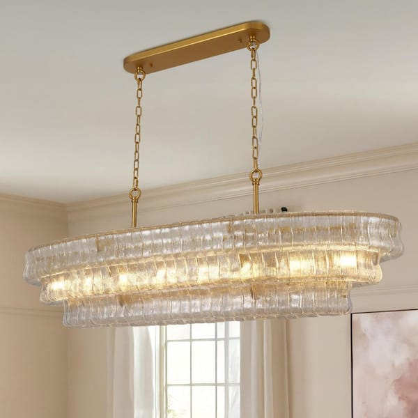 54 in. 8-Light Dimmable LED Brass Kitchen Island Chandelier, Rectangular Glass Chandelier for Dining Room, Living Room