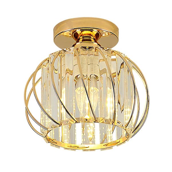YANSUN 7.09 in. 1-Light Modern Gold Semi Flush Mount Ceiling Light Fixture with Clear Crystal Accents