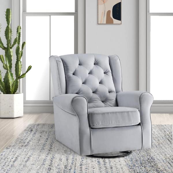 Benjara Modern Gray Fabric Tufted Back Swivel Arm Chair