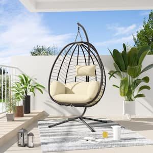 Outdoor Indoor Wicker Egg Swing Chair with Stand 350 lbs. Capacity Strong Frame Cream Cushions, Patio, Balcony, Bedroom
