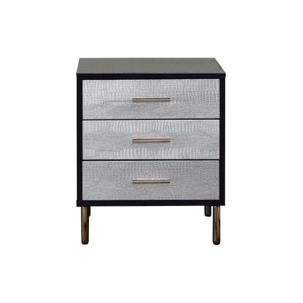 Benjara 16 in. Black, Gold and Silver 3-Drawer Wooden Nightstand