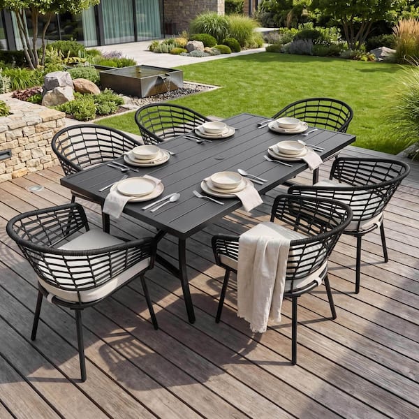 7 pc metal glass top patio table set with umbrella Flash Furniture Tory Commercial Grade Tempered with Hole and Steel Tube Frame, Clear Top/Silver Frame up is simple Costway 7-Piece Metal Outdoor Dining