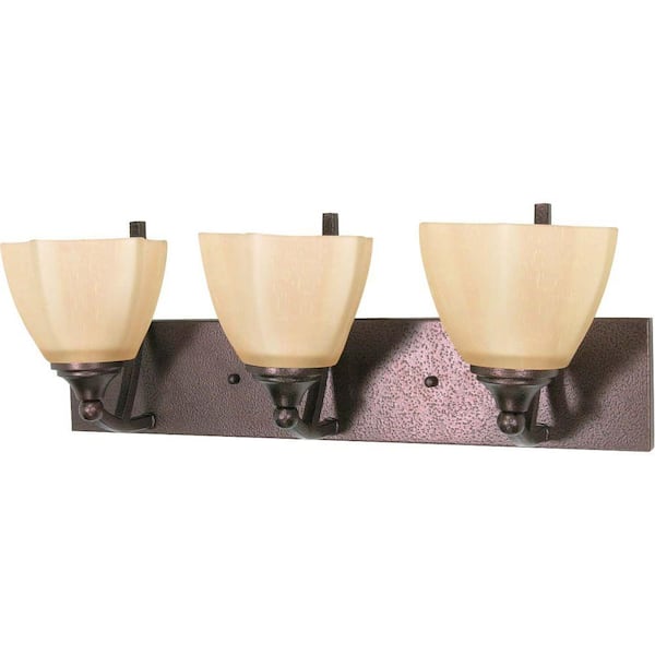 Glomar 3-Light Copper Bronze Vanity Light with Champagne Linen Washed Glass