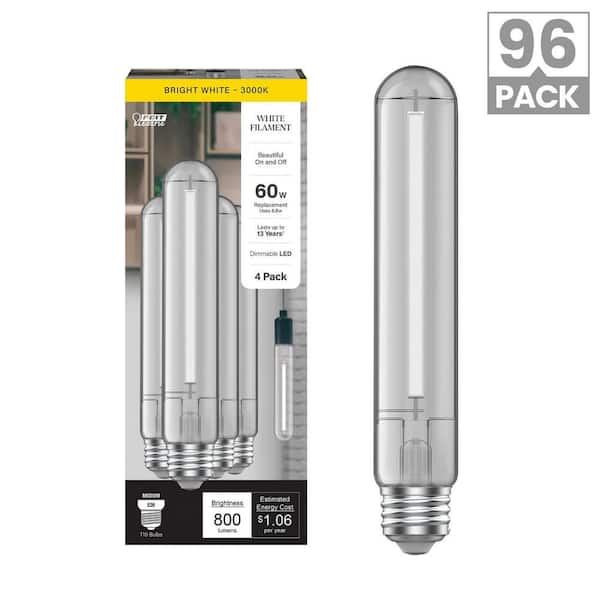 60-Watt Equivalent T10L Dimmable Straight White Filament Clear E26 Vintage LED Light Bulb, Warm White 2100K (96-Pack)