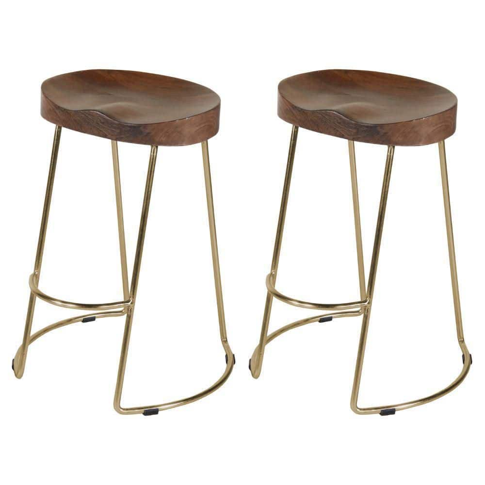 THE URBAN PORT Ela 30 in. Walnut Brown and Gold Backless Metal Frame Bar Stool with Mango Wood