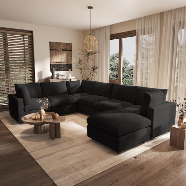 134 in. Square Arm Chenille 7-Piece Modular Free Combination Convertible Sectional Sofa with Movable Covers in Black