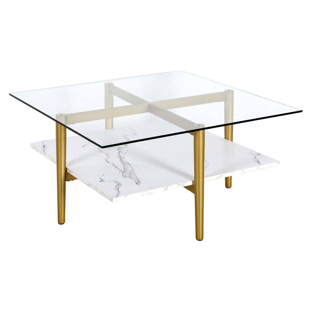 Otto Mid-Century Brass & Faux Marble Square Coffee Table