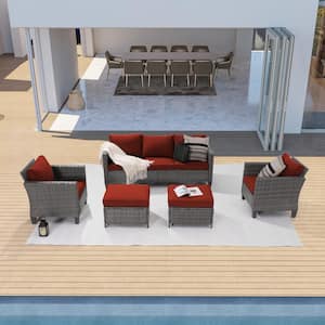 5-Piece Outdoor Patio Conversation Set Widened Back and Arm Gray Rattan Three-Seat Sofa Two Ottomans, Rust Red