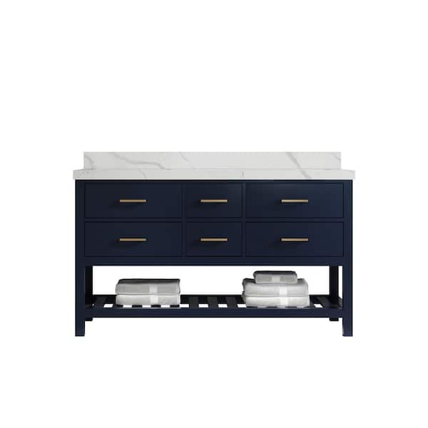 Willow Collections Parker 60 in. W x 22 in. D x 36 in. H Double Sink Bath Vanity in Navy Blue with 2 in. Calacatta Quartz Top
