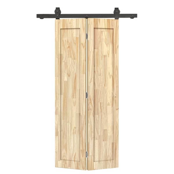 26 in. x 80 in. 1 Panel Shaker Hollow Core Unfinished Pine Wood Bi-fold Door with Sliding Barn Door Hardware Kit