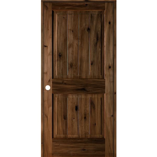 Krosswood Doors 36 in. x 80 in. Knotty Alder 2 Panel Right-Hand Square Top V-Groove Provincial Stain Wood Single Prehung Interior Door