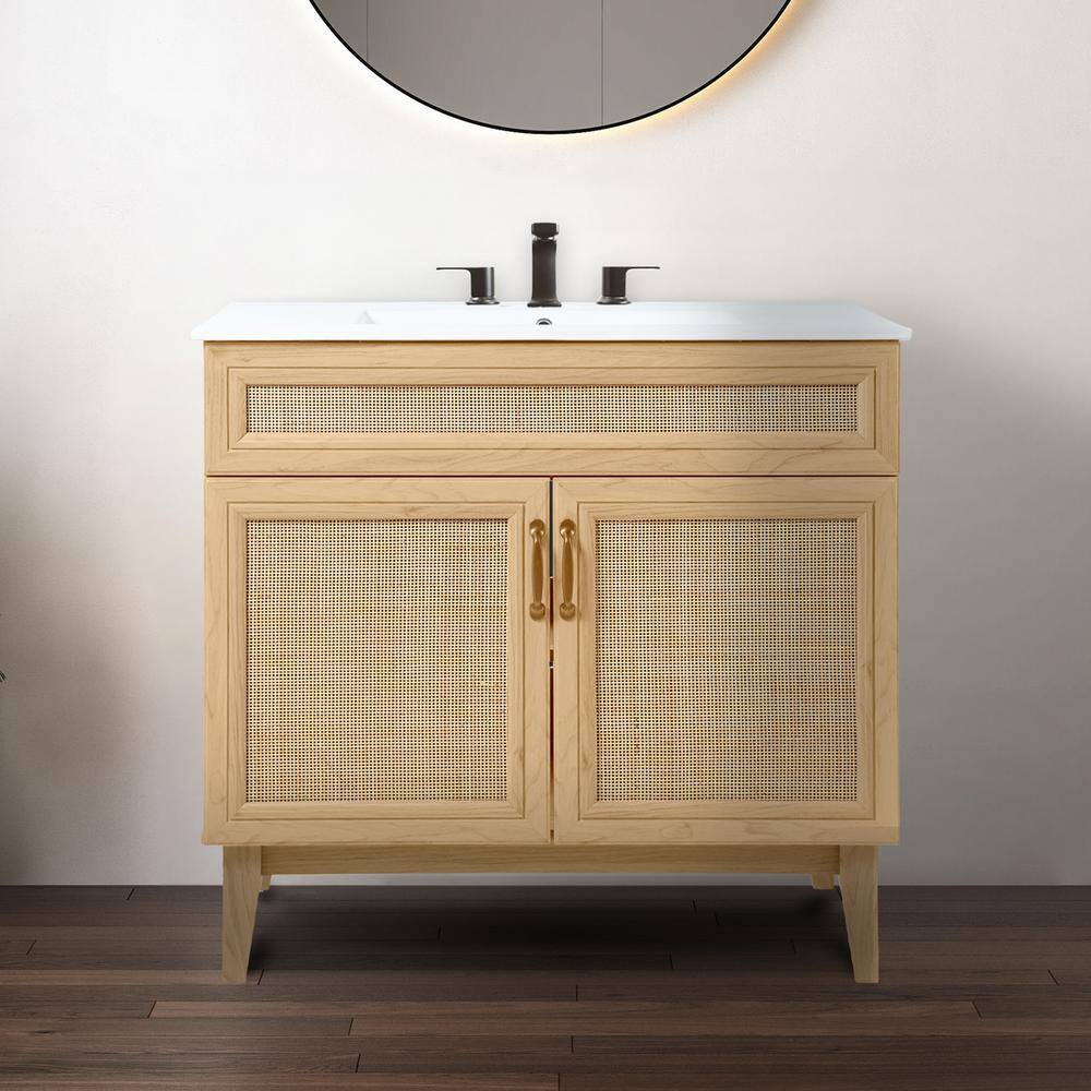 Javer 36" Oak Rattan Modern Farmhouse Bath Vanity Cabinet
