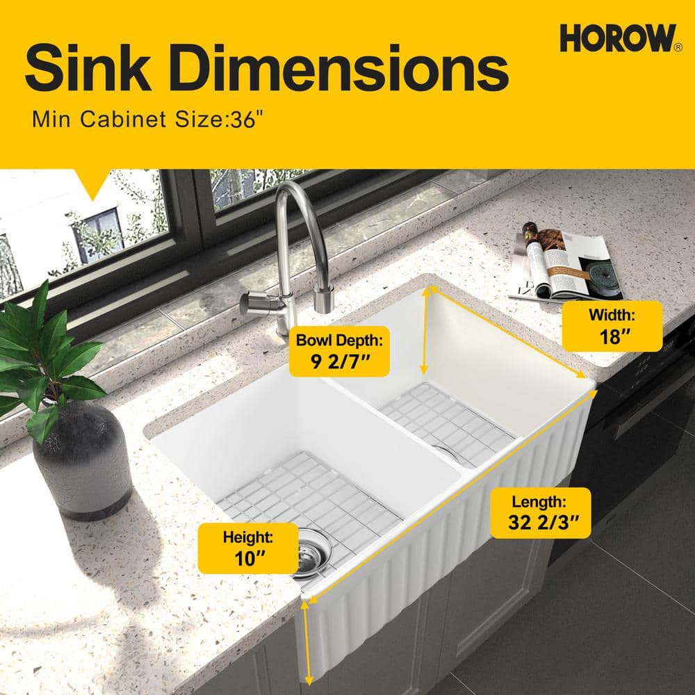 Hadley 33" White Fireclay Double Basin Farmhouse Kitchen Sink