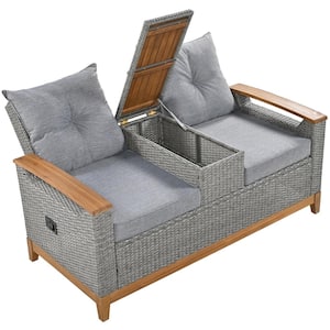 Gray Wicker Outdoor Adjustable Loveseat with Gray Cushions and Storage Space