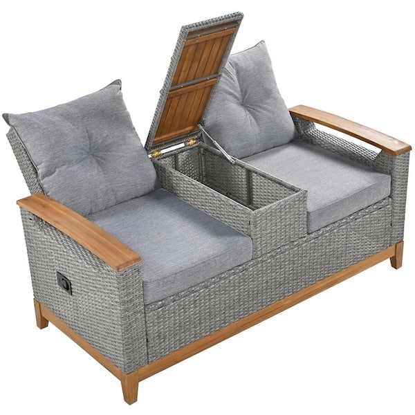Cesicia Gray Wicker Outdoor Adjustable Loveseat with Gray Cushions and Storage Space