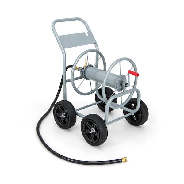 ANGELES HOME 330 ft. Large Capacity Hose Reel Garden Heavy-Duty Frame Water Hose Reel Cart with 4 Wheels and Non-Slip Grip, Silver
