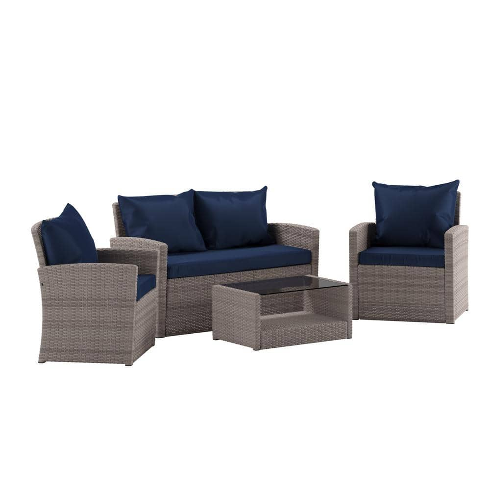 Carnegy Avenue Light Gray/Navy 4-Piece Wicker/Rattan Patio Conversation ...