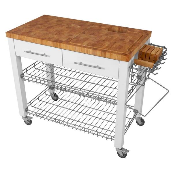 Chris And Chris Chef Series White Kitchen Cart With Basket Jet7753 The Home Depot