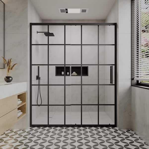 56-60 in. W x 72 in. H Single Sliding Framed Shower Door in Matte Black with Nano-Coated Clear Grid Glass