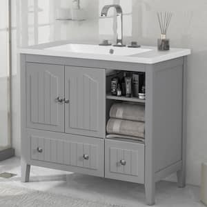 MID 36 in. W x 18 in. D x 32 in. H Single Sink Medium Bath Vanity in Grey with Pure White Ceramic Integrated Sink Top