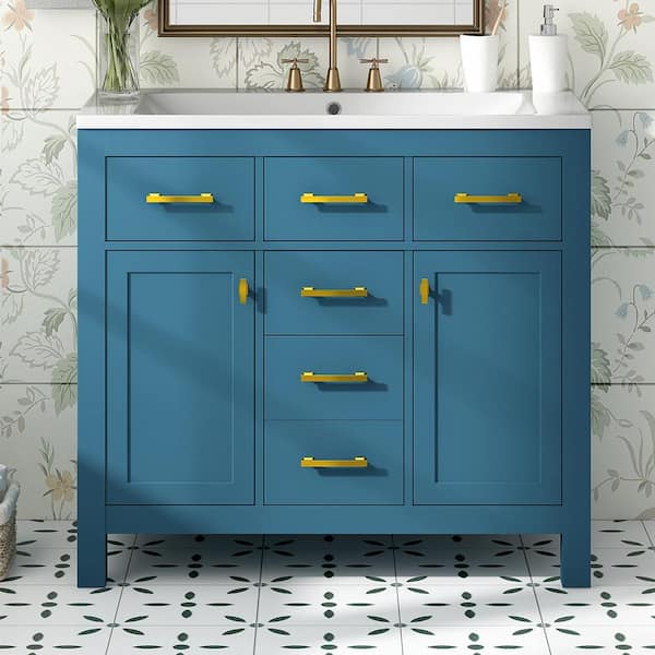 Staykiwi 36 in. W x 18 in. D x 34 in. H Single Sink Freestanding Bath Vanity in Blue with White Resin Top