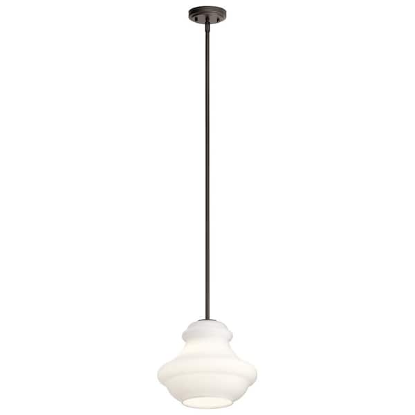 KICHLER Everly 10.25 in. 1-Light Olde Bronze Transitional Shaded Kitchen Pendant Hanging Light with Satin Etched Opal Glass