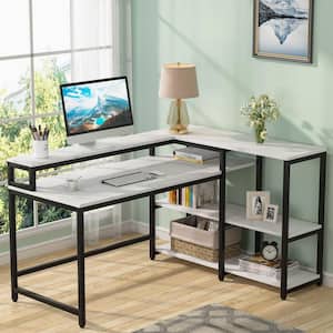 55 in. L-shaped White Faux Marble Reversible Computer Desk with Shelves and Monitor Stand