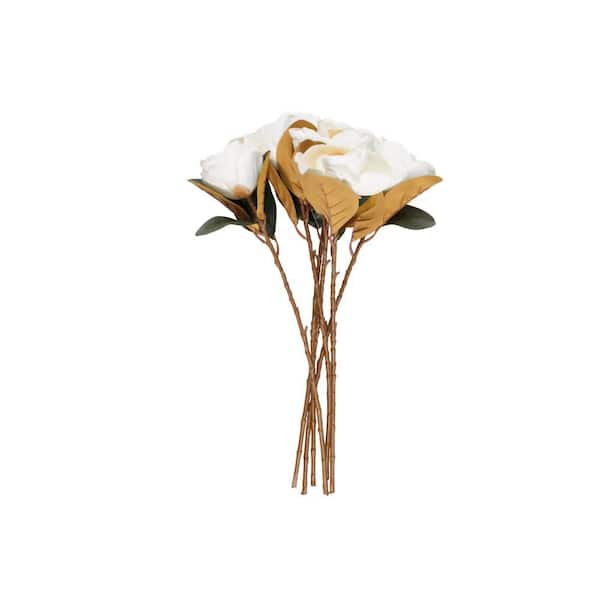Litton Lane 30 in. White Indoor Artificial Magnolia Flower Stem with White Plastic Container (Set of 6)