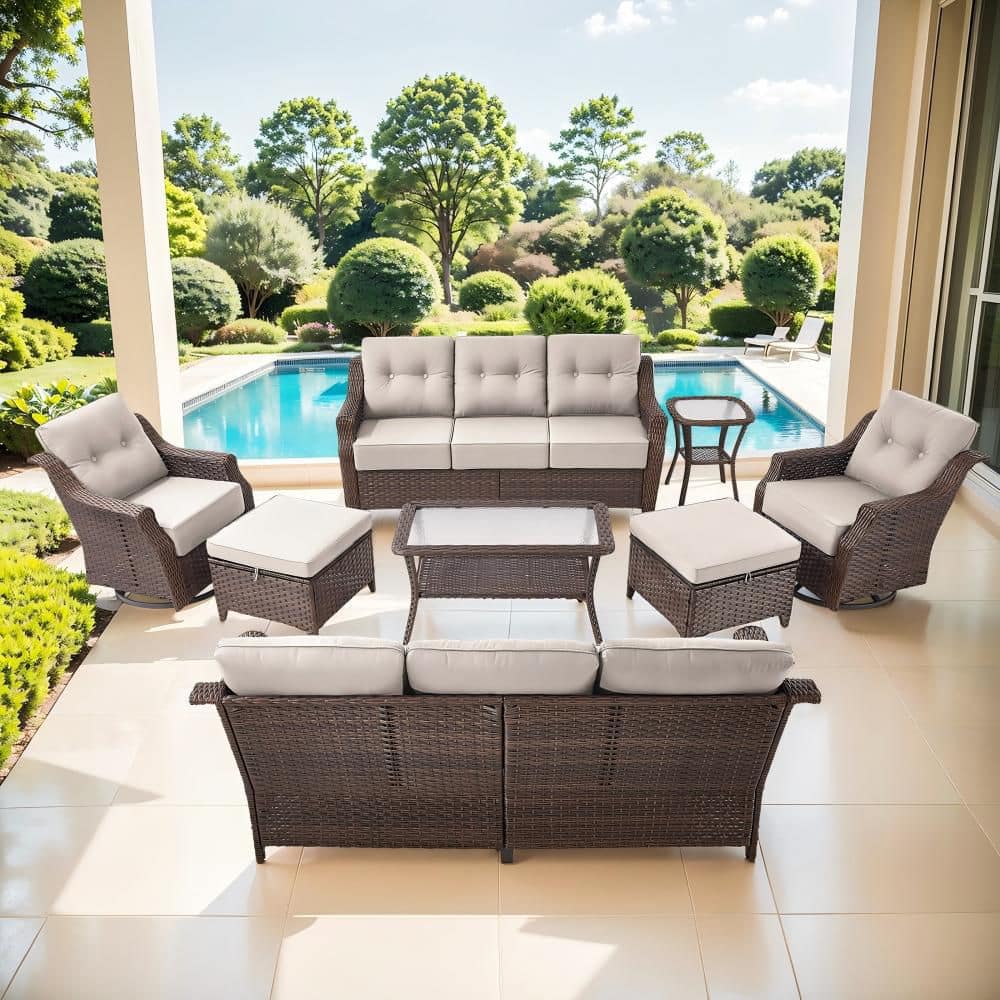 Modern Farmhouse 8-Piece Brown Wicker Patio Conversation Set with 6 in. Beige Cushions/3-Seat Sofa with Swivel Chairs