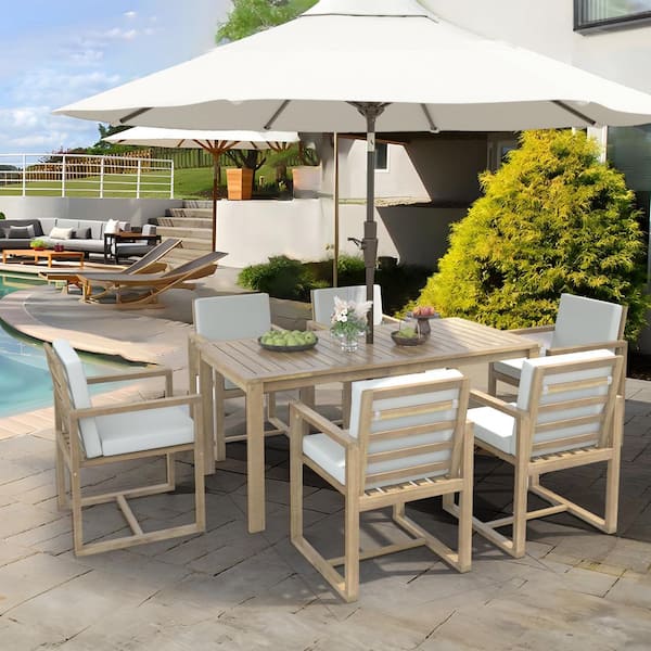 Unbranded 7-Piece Wood Outdoor Dining Set (Rectangular table with an Umbrella Hole) and Brown Cushions for Patio, Backyard, Garden
