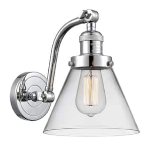 Cone 8 in. 1-Light Polished Chrome Wall Sconce with Clear Glass Shade