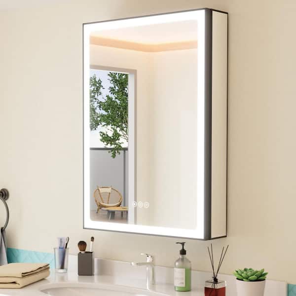 HBEZON Grand 24 in. W x 30 in. H Rectangular Aluminum Medicine Cabinet with Mirror, Dimmable, 3-Color Lighting, Anti-Fog