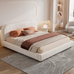Solara White Boucle Fabric Upholstered Wood Frame King Size Platform Bed with Headboard