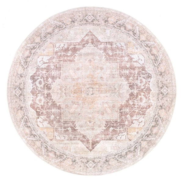 nuLOOM Rosa Machine Washable Light Pink 8 ft. Distressed Vintage Medallion Round Traditional Area Rug