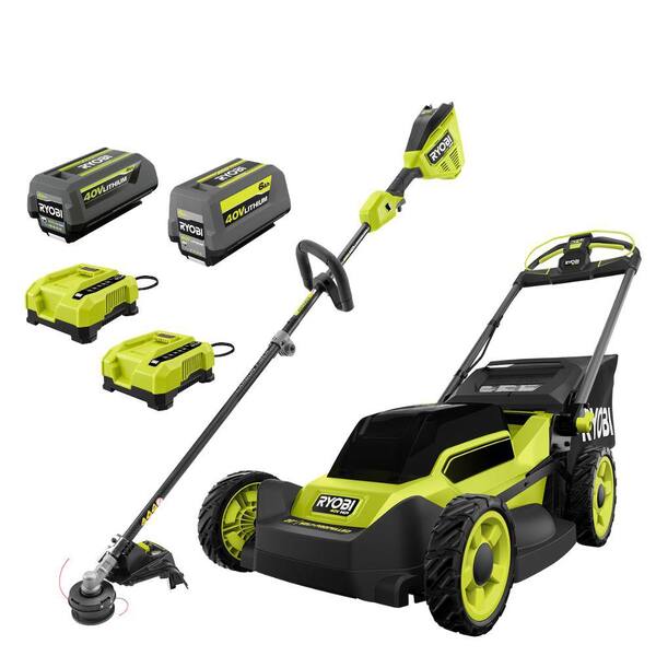 RYOBI 21 in. 40-Volt Brushless Walk Behind Self-Propelled Mower, String Trimmer, Leaf Blower w/ 7.5 Ah, 4.0 Ah Battery/Charger